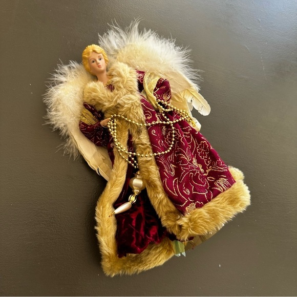 Vintage Christmas Angel Tree Topper Victorian Porcelain Red Feathers Wings Gold - Picture 8 of 13